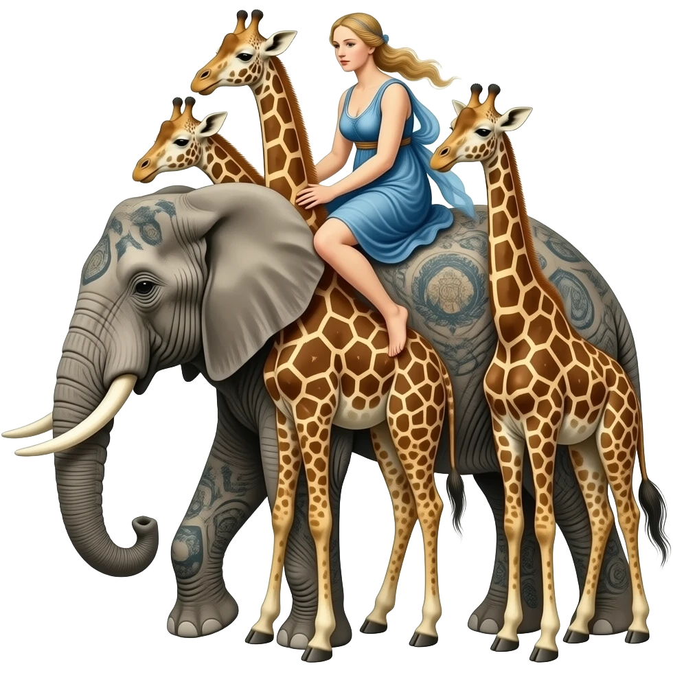 steampunk surreal - a tattooed elephant with long legs, giraffes from Salvador Dali's paintings carry Botticelli's ethereal Venus on their backs emoji