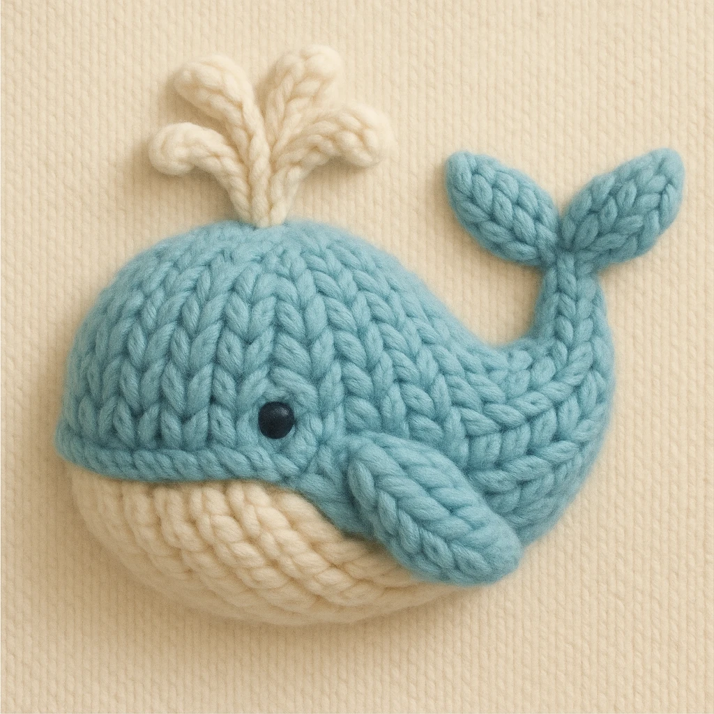a blue whale in knitted patch style, soft blue and white yarn, with stitched water spout and gentle eyes emoji