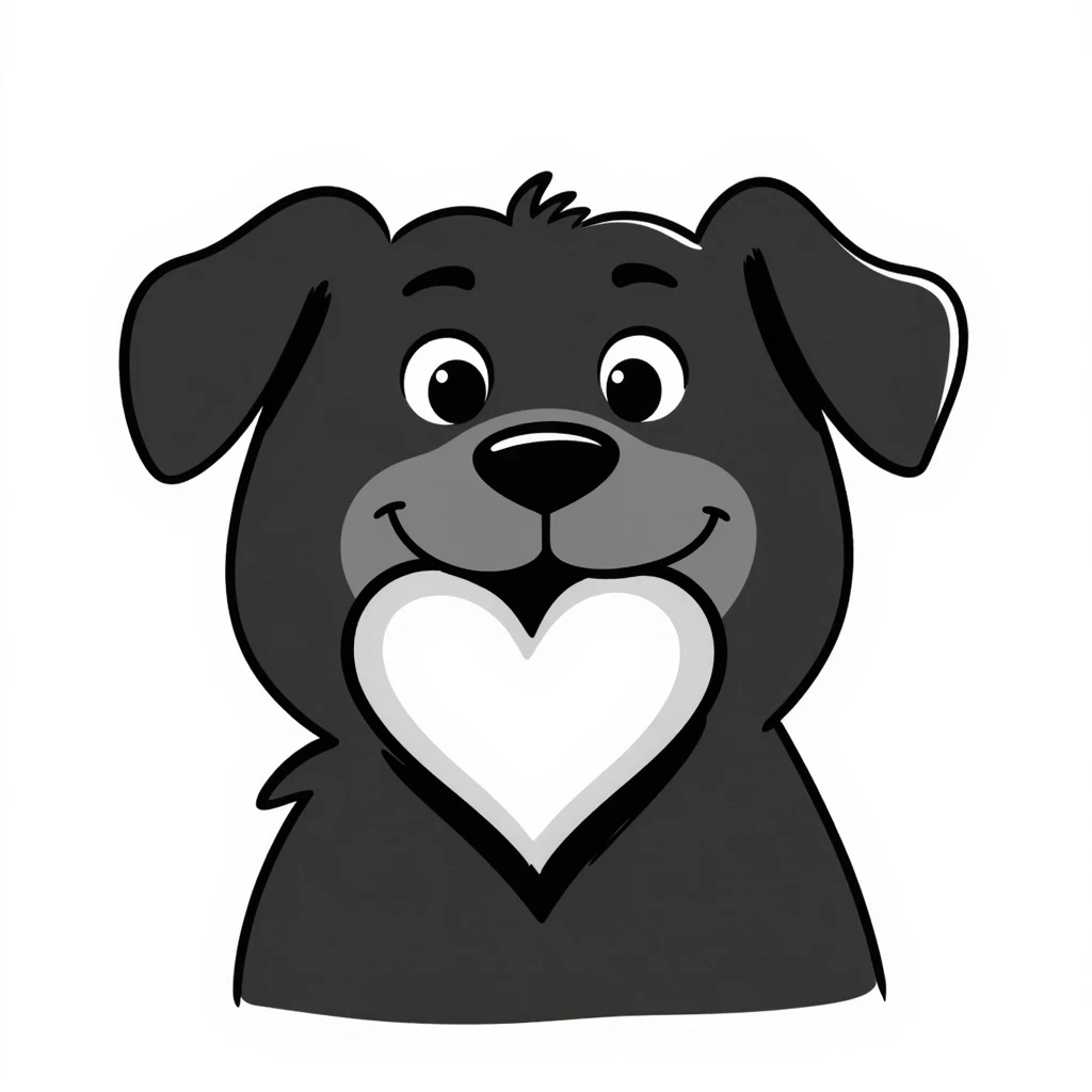 hand-drawn doodle of Golden Retriever and Chow Chow mix dog holding a heart in its mouth, sketchy lines, expressive face, shaded heart, white background emoji