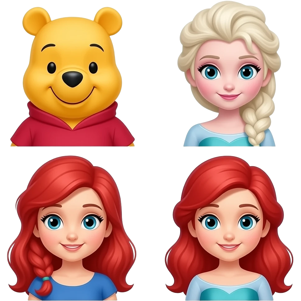 Belle, Winnie the Pooh, Elsa, and Ariel emoji
