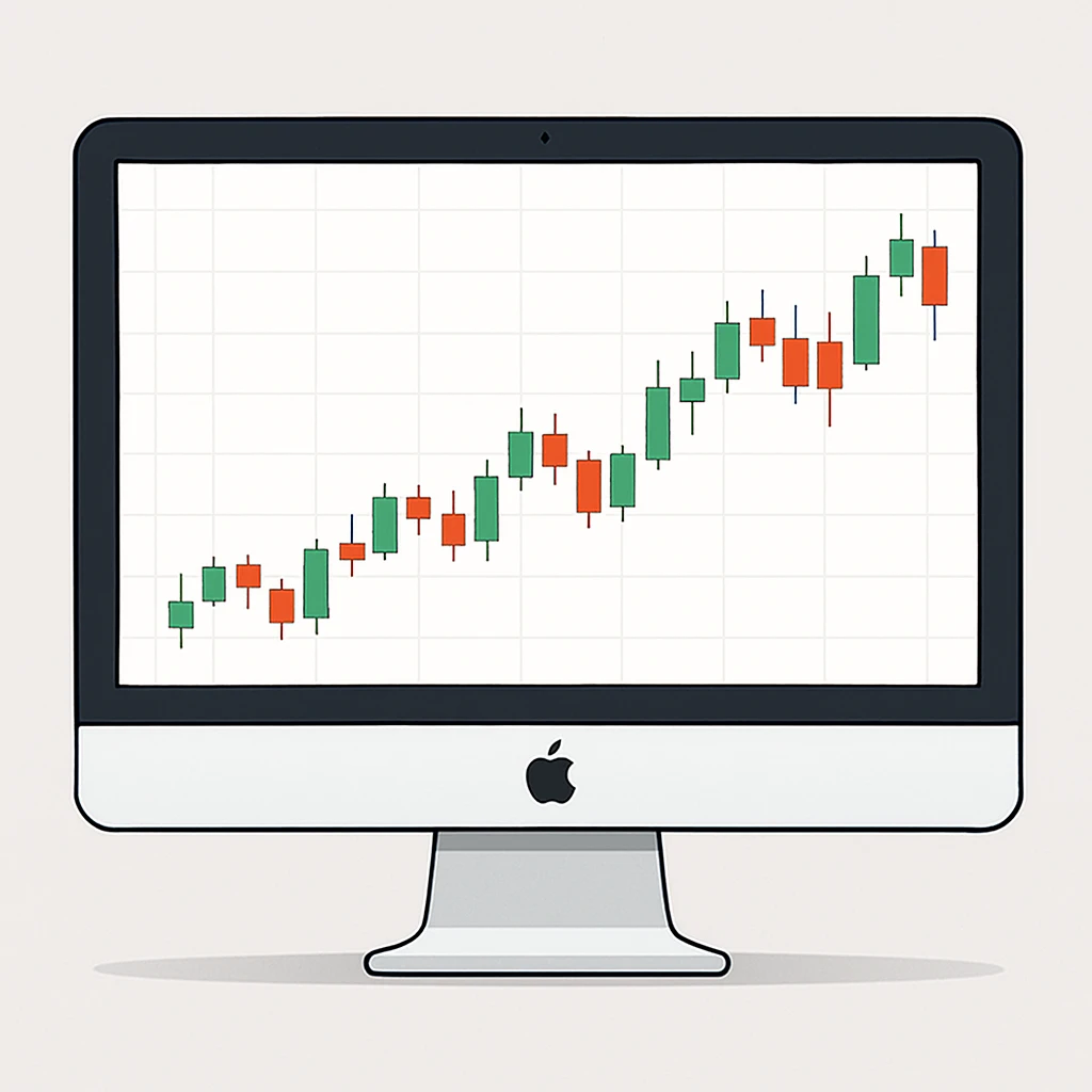 an iMac computer with a stock candlestick graph displayed on the screen, modern, clean, digital illustration emoji