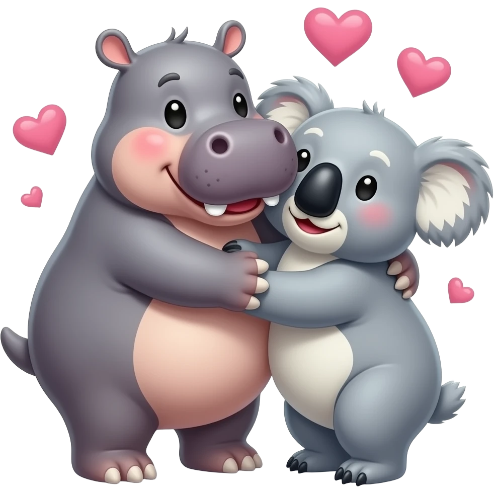 Hippo kissing koala face in love. Cuddling.  Hugging.  Realistic. Not cartoon.  Hearts. emoji