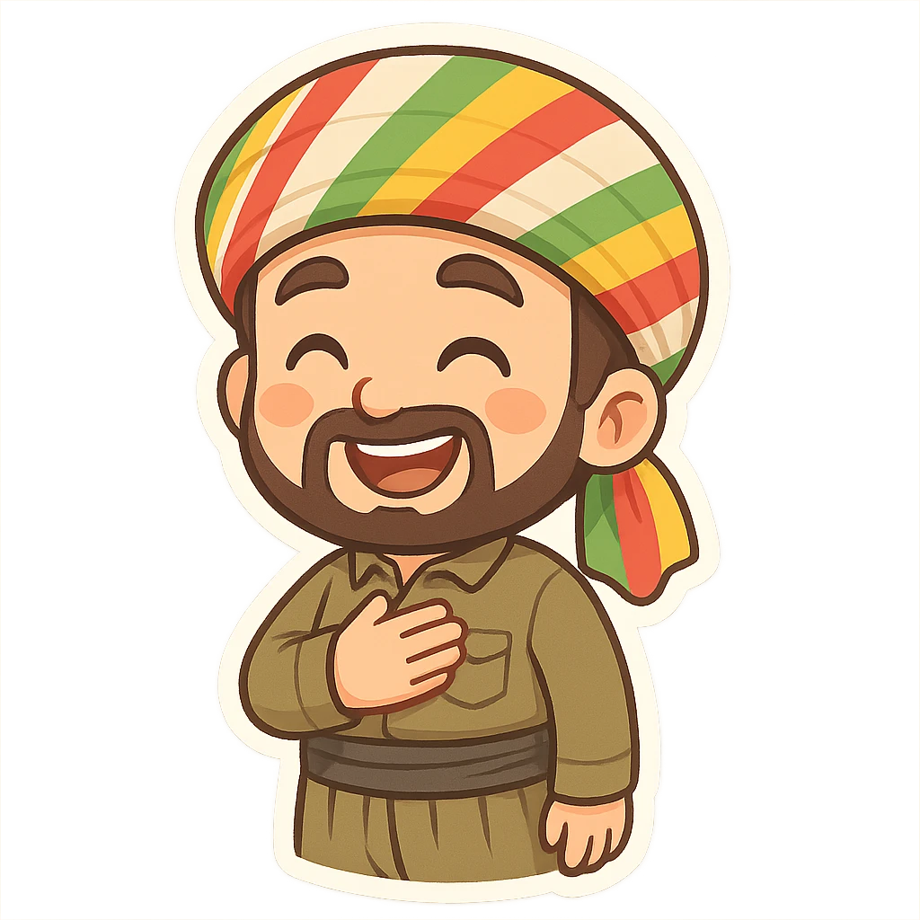 cartoon sticker of a Kurdish man in traditional clothing with hat, hand on chest (salute) pose, open smile, colorful and cheerful, no text, suitable for WhatsApp and Instagram emoji
