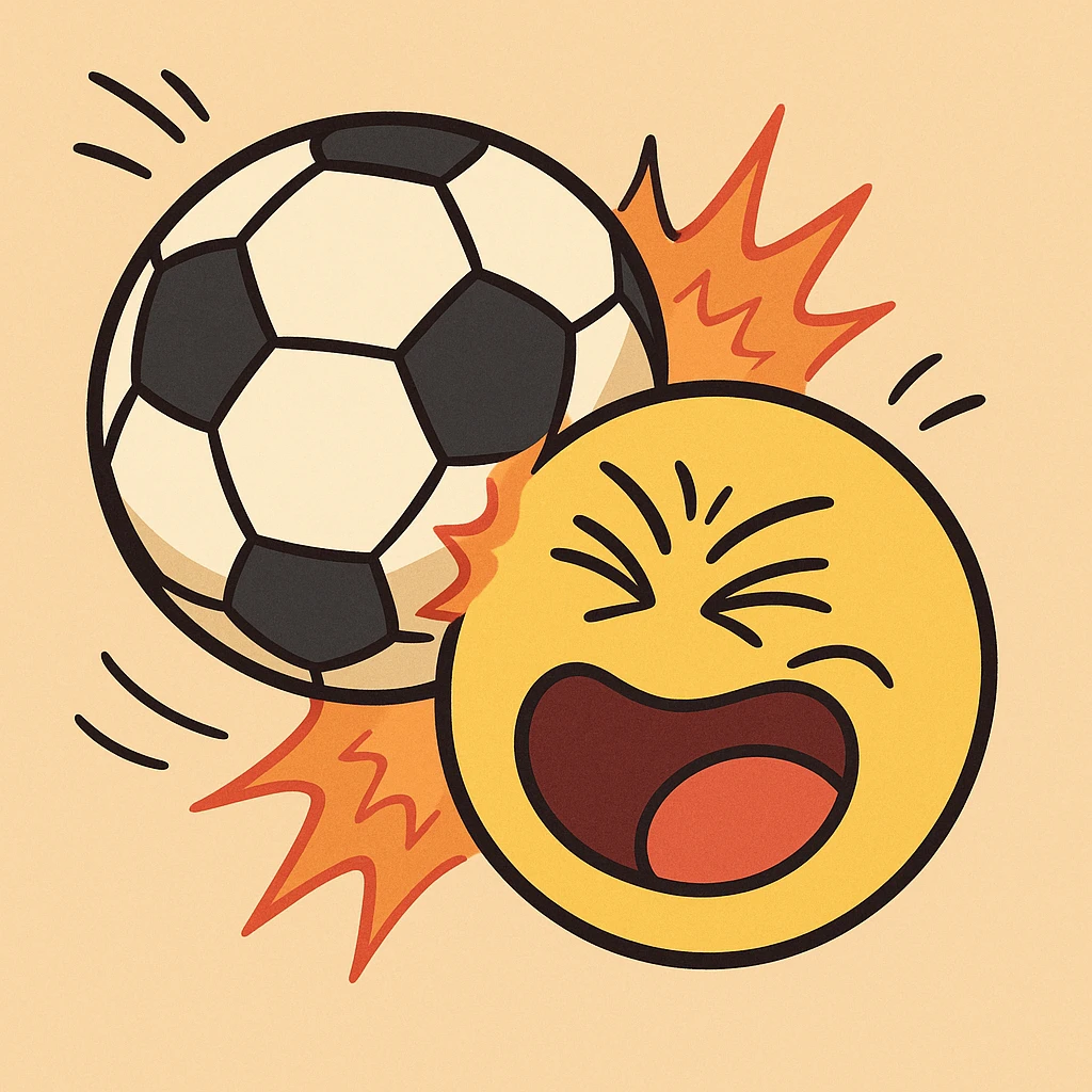a soccer ball and a smiley face at the moment of impact, fun, animated, lively expression, playful, vibrant colors, bold outlines, energetic emoji