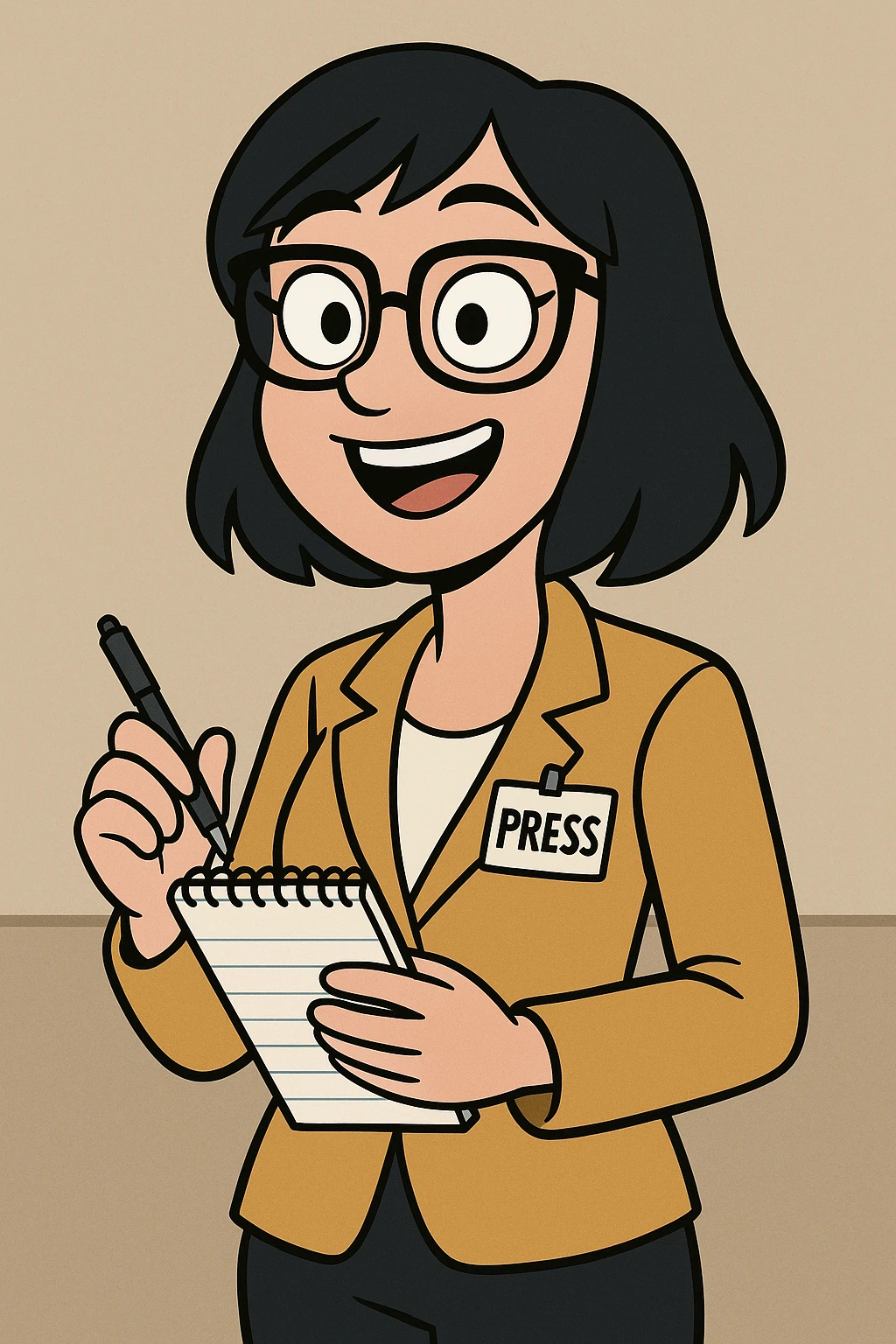 cheerful female reporter with black hair, blue eyes, and glasses, holding a notebook and pen, prepared to interview someone, modern cartoon style emoji