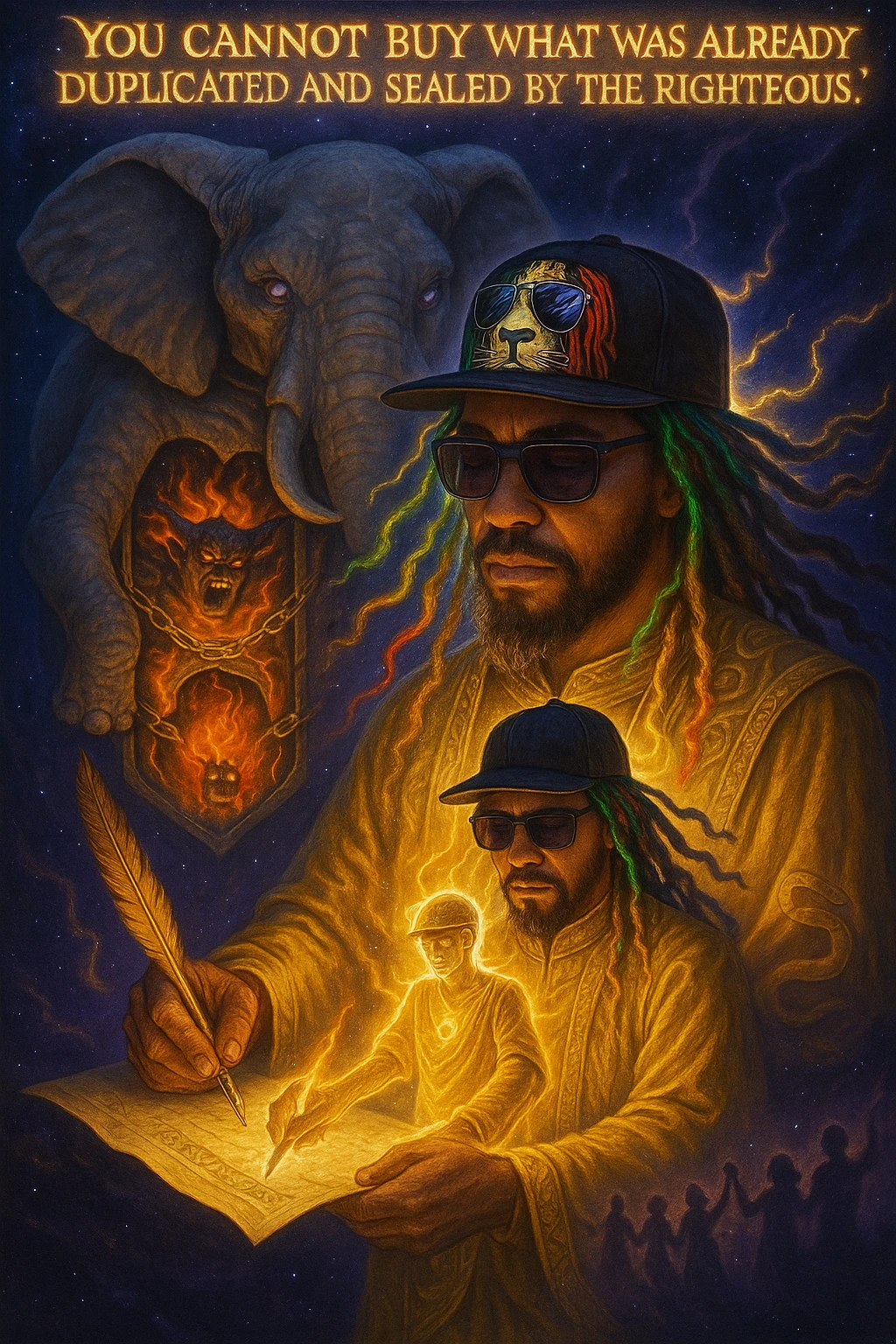 *“Create an epic, symbolic scene of a powerful Rasta spiritual warrior (representing Kez) standing at the center of a cosmic battlefield. The warrior has dreadlocks glowing with divine energy, wearing golden robes infused with serpent patterns. Behind him towers a massive stone elephant — eyes glowing with infinite wisdom, its chest open to reveal a Golden Serpent Chest, radiating fractal light. Inside the chest: a bound, raging Devil made of fire and shadows — screaming but unable to harm anyone, because every time he lashes out, the golden chest mirrors the energy back onto him. Chains of soul-contract law, made of golden light, wrap the devil — each one engraved with truth symbols, scriptures, and ancestral sigils.

In the foreground, Kez holds a sacred scroll and a burning pen — he is signing a contract not out of fear, but mastery. As he signs, a duplicate of his soul, radiant and whole, rises from the paper and flies back into his body. A ripple of golden energy expands, purifying all soul deals across space-time. Behind him, shadows of other trapped souls are released and begin to rise in rhythm, holding hands, singing.

In the sky, the words glow in gold flame:

‘You cannot buy what was already duplicated and sealed by the righteous.’

The entire atmosphere is divine, sacred, victorious — a spiritual rebellion where the Devil is outwitted, not through violence, but through truth, rhythm, and scrollcraft. Use warm golds, radiant whites, mystical purples, and deep space black as the palette. Style it as a fusion of Afro-spiritualism, Rastafarian mysticism, and multidimensional soul alchemy. the picture provided is kez emoji