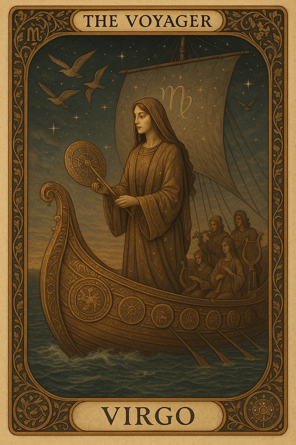 Create a Tarot card titled "The Voyager – Virgo" featuring a serene Virgo figure traveling on a majestic ship across a starlit sea. The Virgo appears graceful and introspective, wearing flowing earth-toned robes embroidered with fine constellations and botanical patterns. She holds a celestial map or astrolabe, symbolizing wisdom and direction. The ship is ornately carved with zodiac motifs, arcane symbols, and detailed woodwork representing elements of nature and time. Birds soar overhead in elegant formation, symbolizing spiritual guidance, while a group of musicians onboard plays harps, flutes, and lyres—each instrument etched with runes and celestial glyphs. Surrounding the card’s border are elaborate vine patterns, miniature zodiac wheels, and golden filigree that shimmer with ethereal light. The background should feature a richly textured twilight sky with layered stars, subtle planetary alignments, and faint Virgo glyphs woven into the sails and horizon. The overall composition should evoke mystery, harmony, and divine purpose, blending traditional Tarot symbolism with intricate artistic craftsmanship emoji