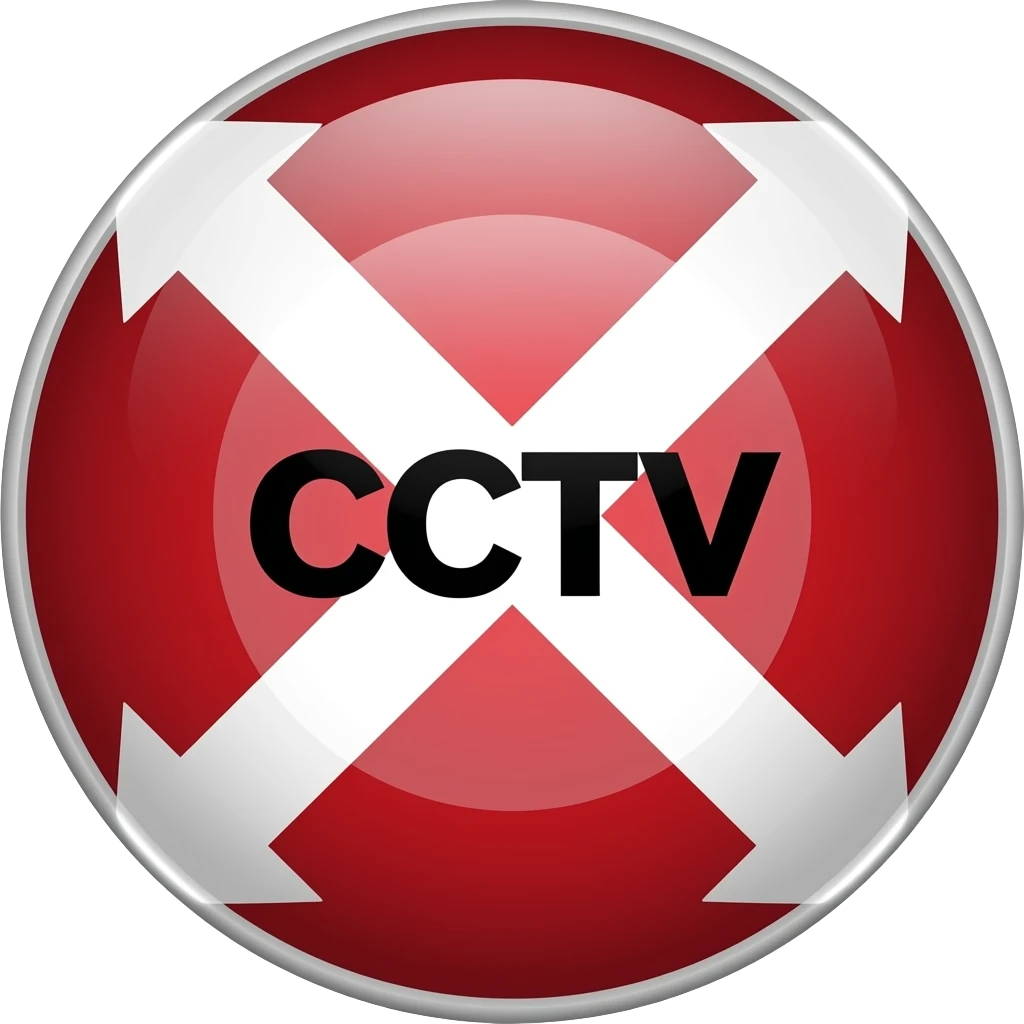 Red filled circle with white X and arrow on all end points on the X white circle in the middle. Big bold CCTV word in the centre in black emoji