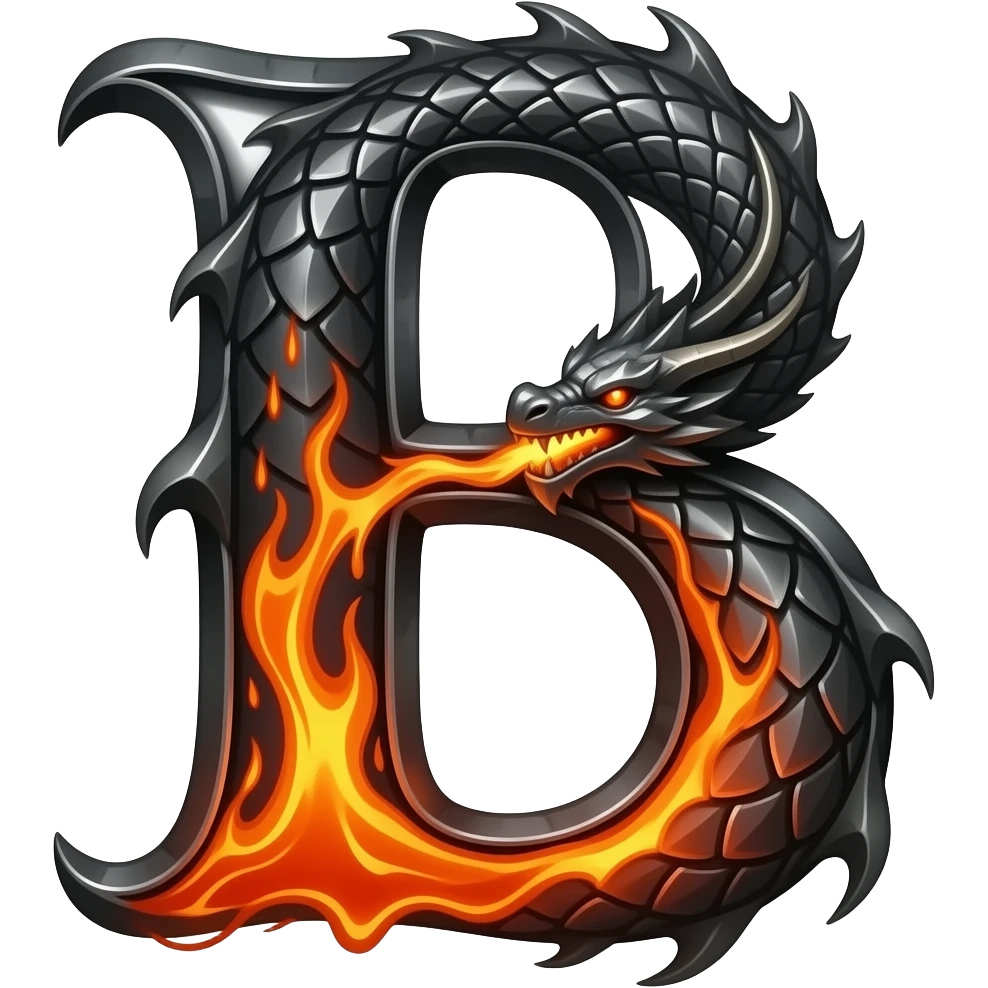 A heavy obsidian letter 'B' with molten lava flowing through engraved draconic scales. Emitting orange embers and heat distortion. Dark fantasy aesthetic, metallic texture, dramatic shadows emoji
