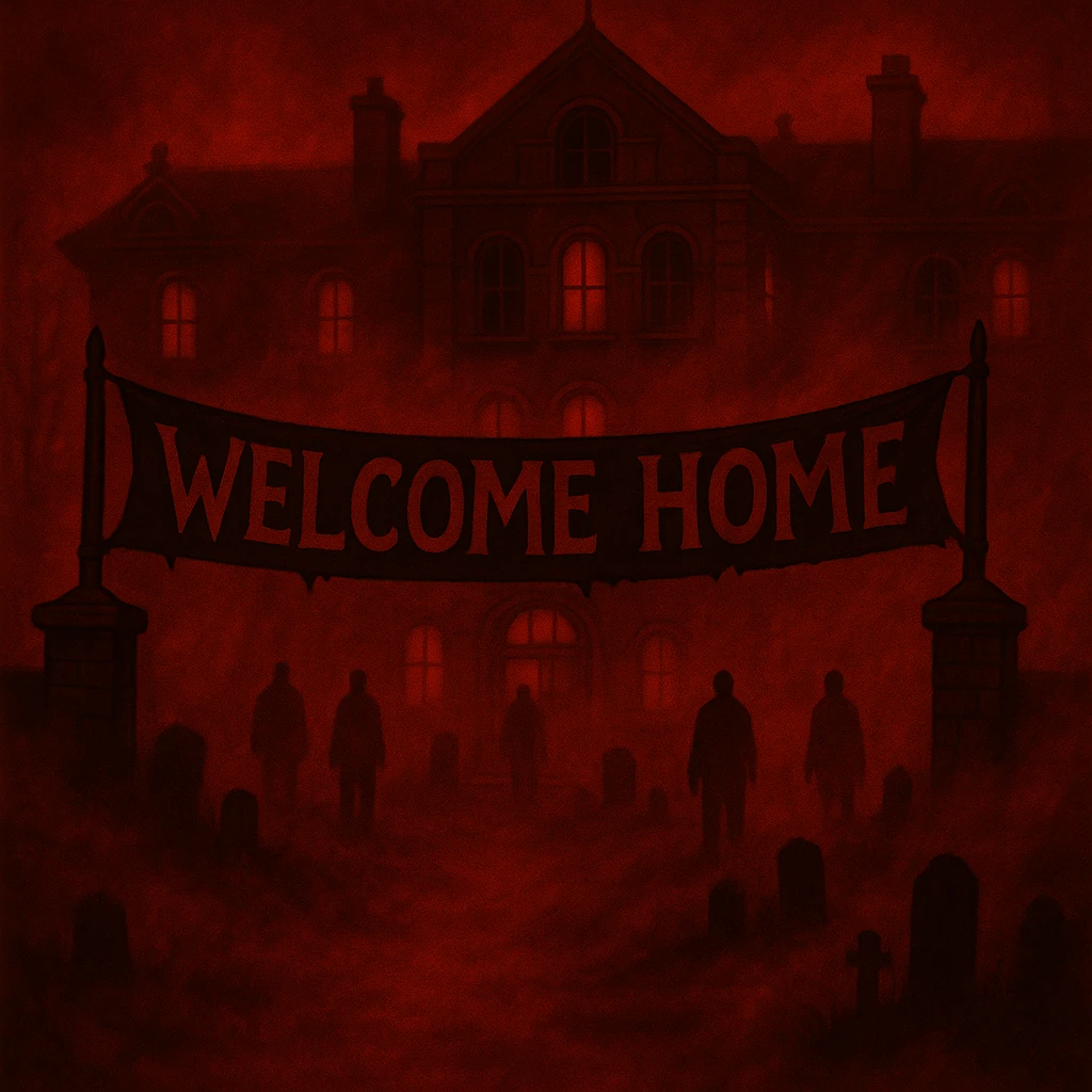 Change the color scheme to red and black with intense red fog and mist, creating an overall red horror palette. Keep all other details unchanged. emoji
