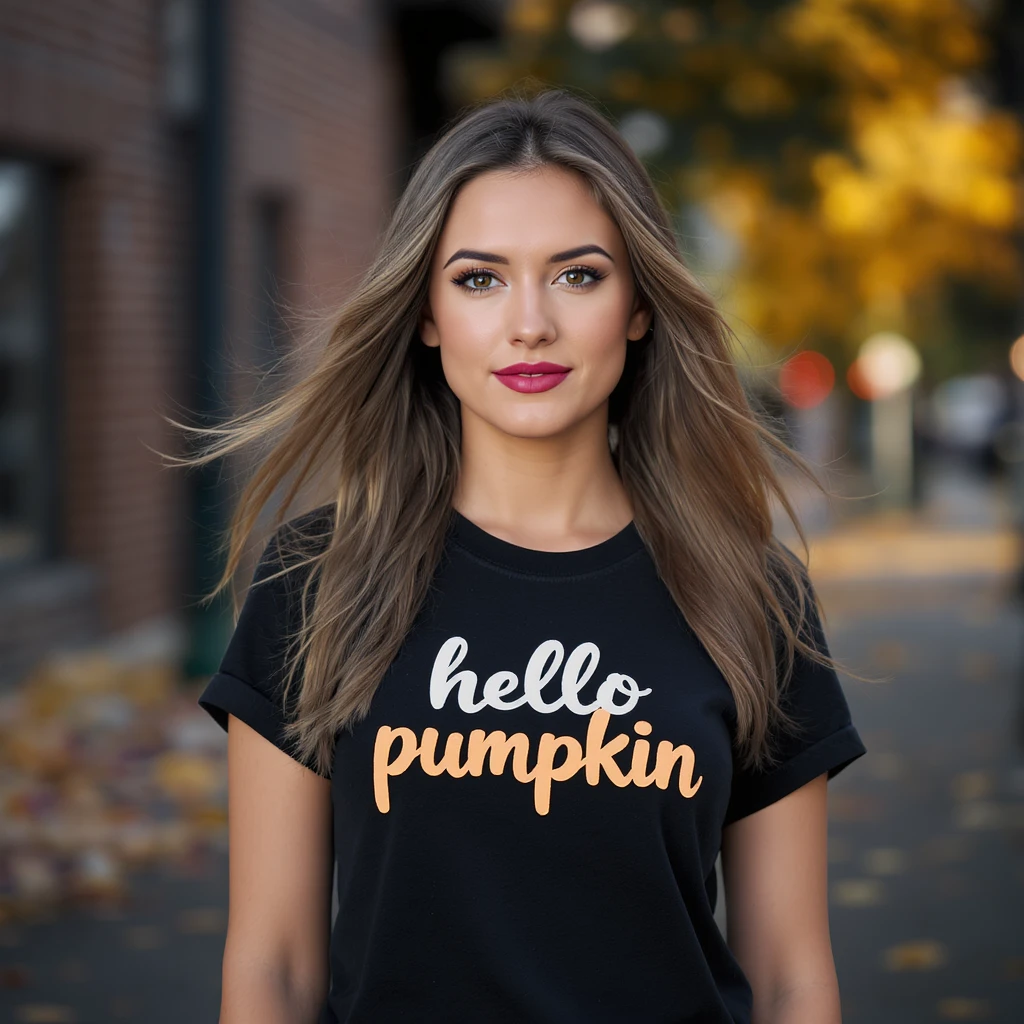 t shirt with print "hello pumpkin" emoji