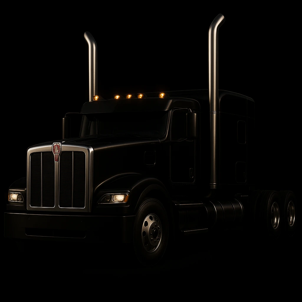 Edit the image of a 2026 Kenworth W680 flattop black semi sleeper with chrome stacks, no cans, dramatic lighting, with no background. Emphasize dramatic lighting and maintain the black semi sleeper style with no background. emoji