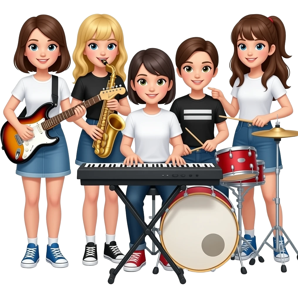 UMA BANDA MUSICAL COMPOSTA POR QUATRO GAROTAS, AS QUARTO EM PÉ, UMA AO LADO DA OUTRA, A DA ESQUERDA COM GUITARRA, A DO LADO COM SAXOFONE A DO MEIO TOCANDO BATERIA E A DA PONTA TOCANDO TECLADO emoji