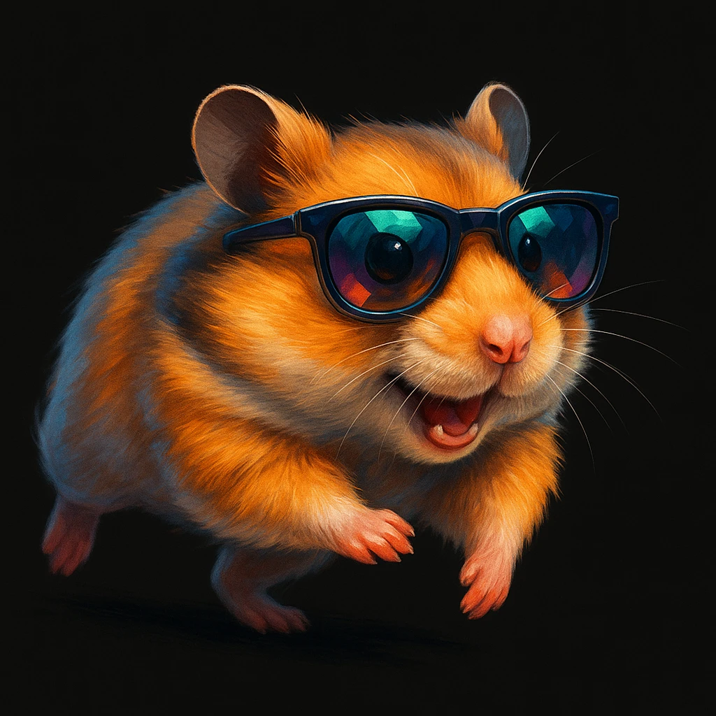 a unique, colorful, modern, highly realistic hamster wearing cool glasses, running energetically, illustrated in Procreate on an iPad, solid black background, not kiddish emoji