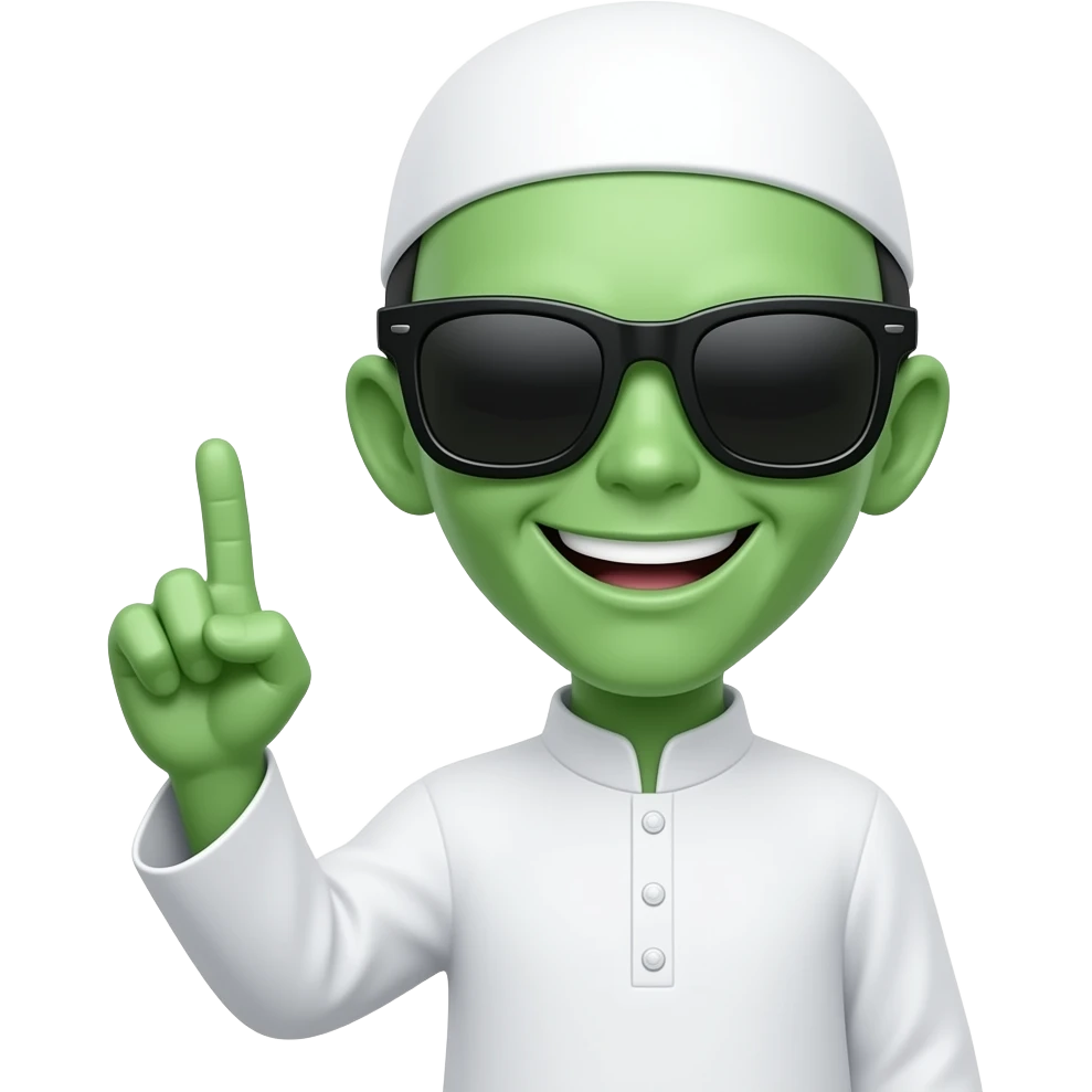 Green Alien smiley teeth  face with black sunglasses and Muslim white cloths and pointing his finger up emoji