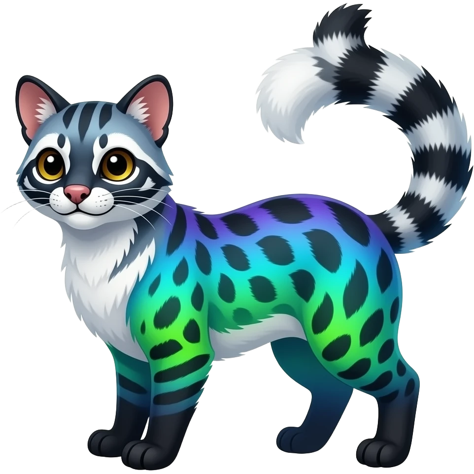 Colorful realistic tropical gradient-colored cobalt-blue-obsidian-black-neon-green-gradients, with white underside, iridescent glorious divine exotic cute cool beautiful shiny fantasy-civet-genet-Fionbri-Cacomistle-Furret-civet-oncilla-animal-hybrid-fursona with pattern markings (full body) emoji