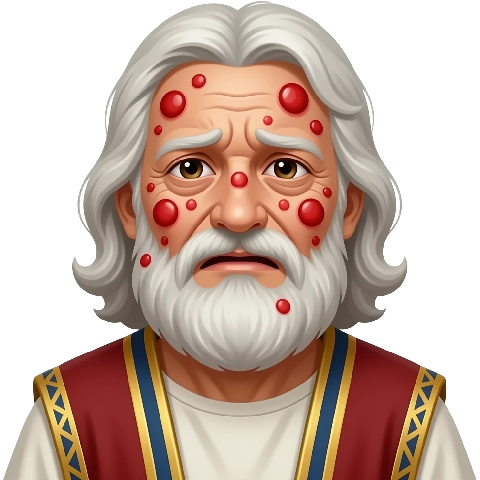 An old man in Bible times clothing looks sick and is covered in large red cysts all over his face with a look of misery on his face emoji