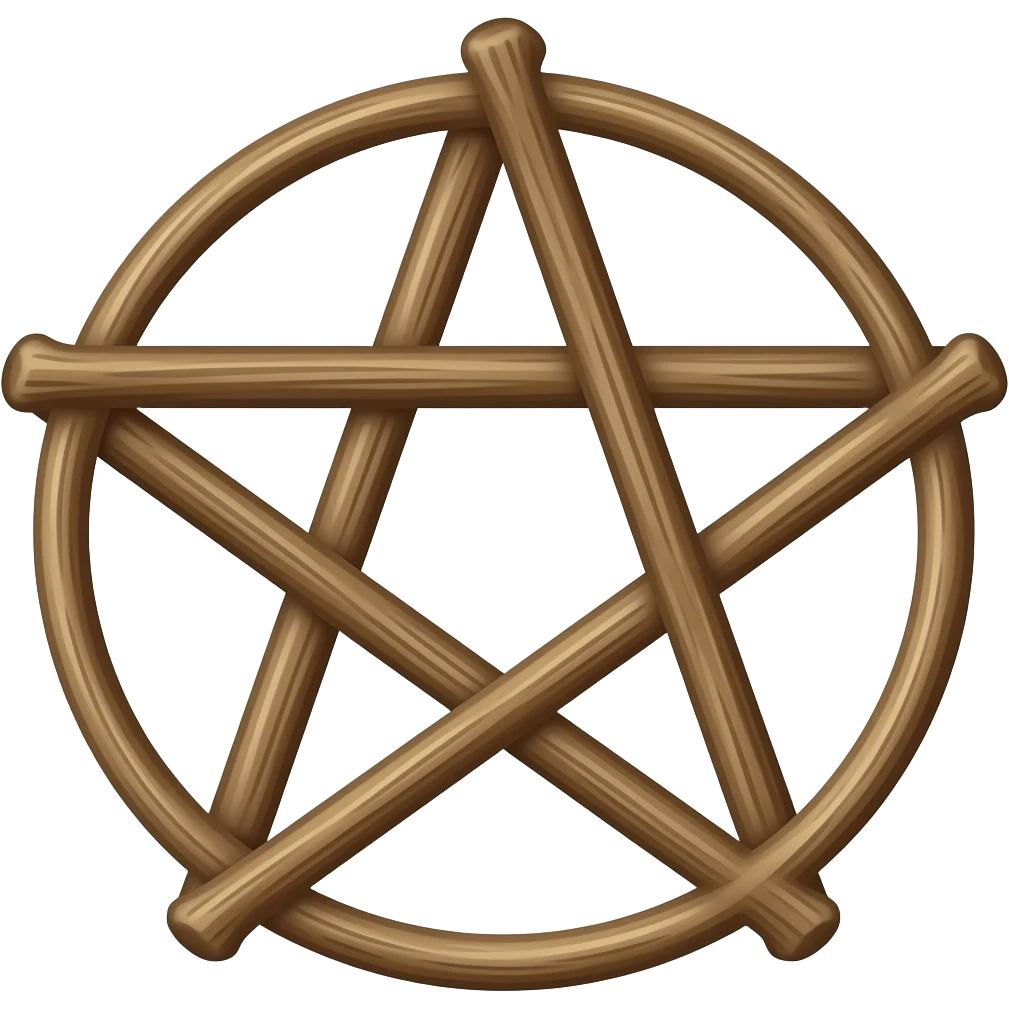 a brown rustic bent natural wooden sticks That make up an upwards pentagram That has 5 points. . emoji