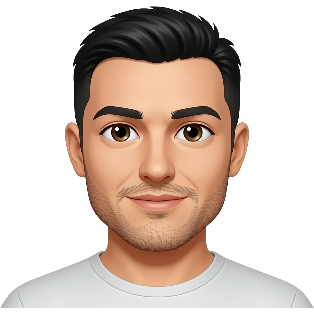 White guy with really shorter black hair .facial stuble with a gote.veown eyes emoji