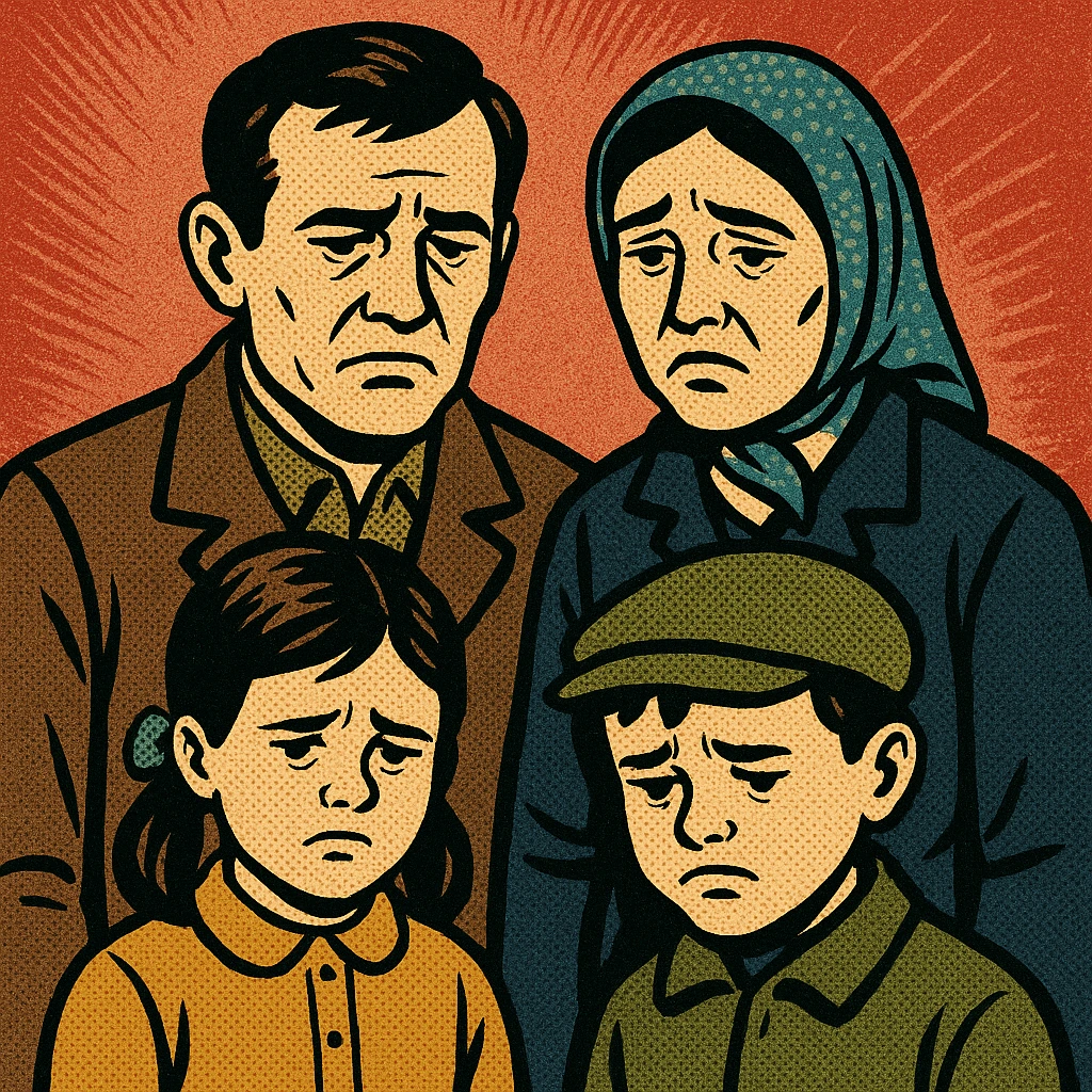 A poor soviet family from the 1970s with a husband and wife and two children looking unhappy.  emoji