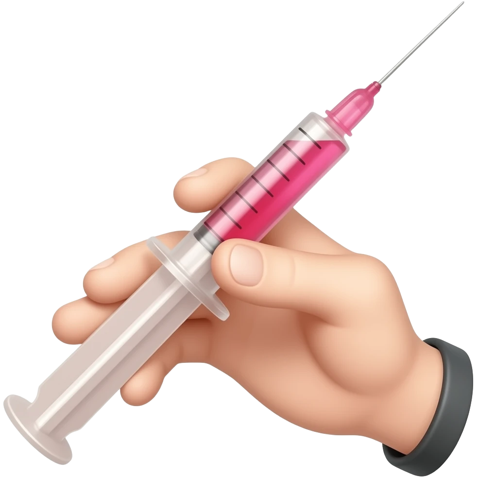 A dainty male hand holding a syringe with glowing neon-red liquid inside emoji