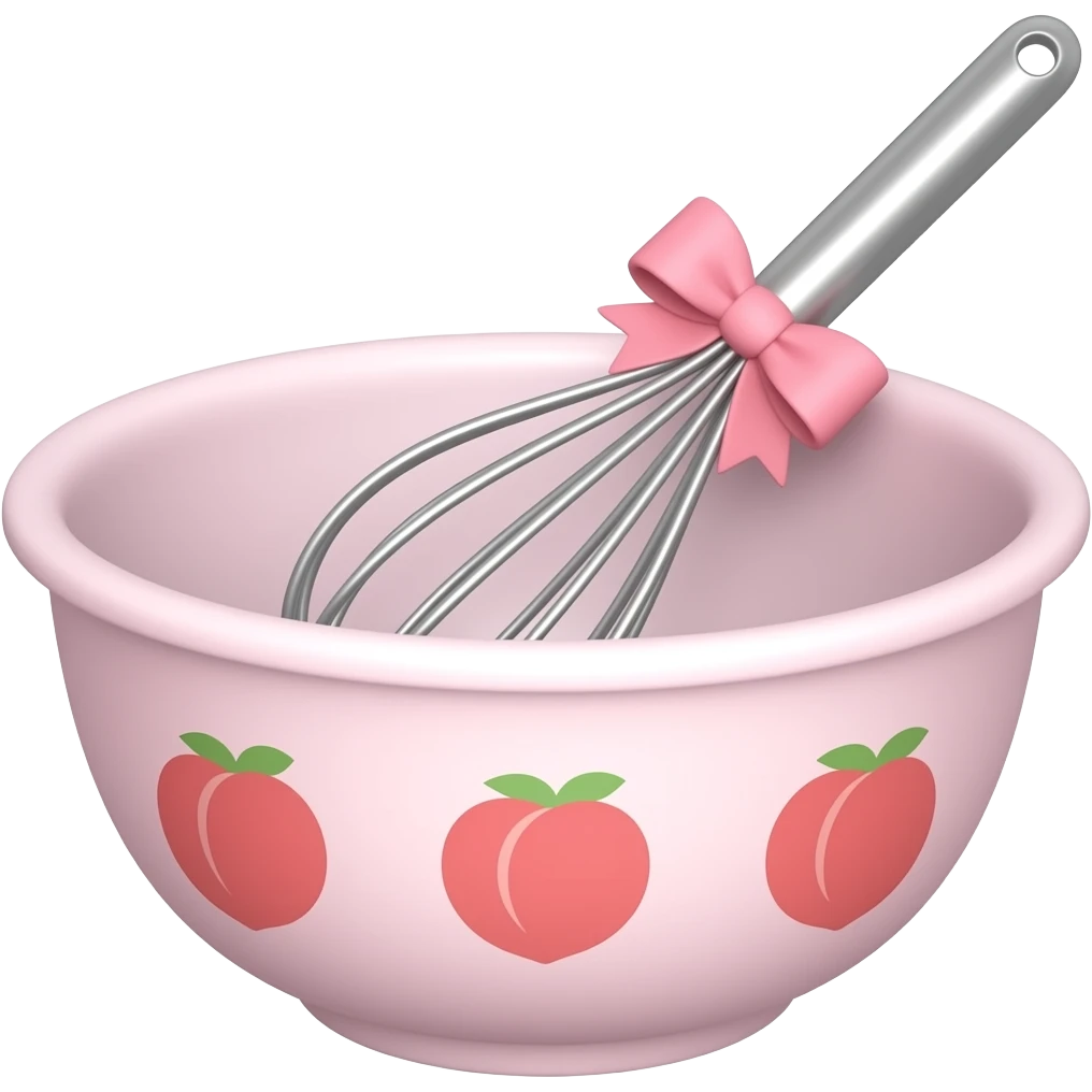 whisk with pink bow in a pink mixing bowl with peach designs emoji