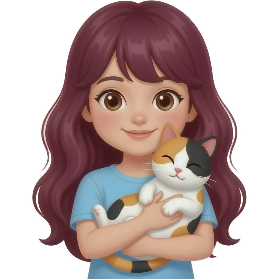 Make her cuddle a calico cat (The girl with maroon hair) emoji