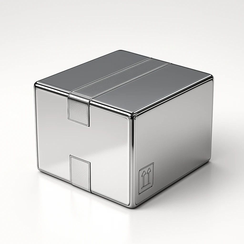 modern chrome box, highly reflective and metallic, with the same proportions and tape accents as a standard package emoji