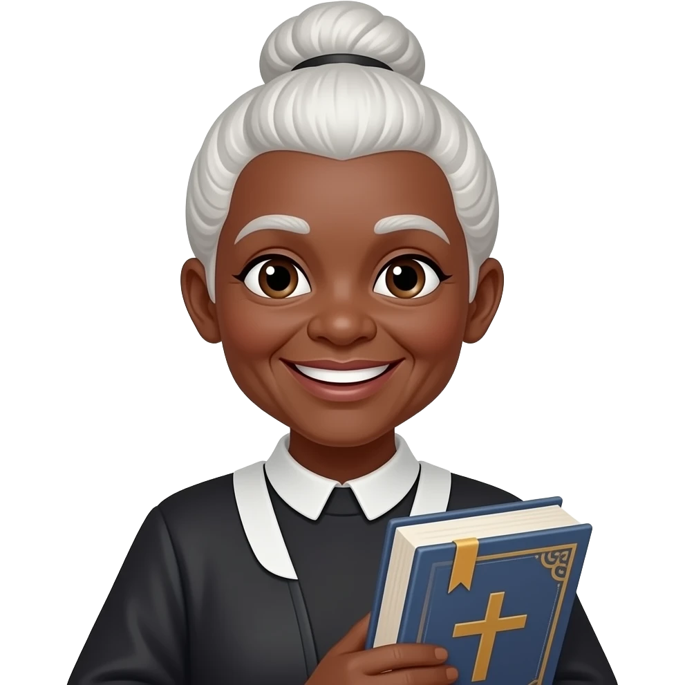 emojis.com wise-old-woman-with-white-hair-in-a-bun-black-skin-smile-with-book-that-has-a-cross-on-it emoji