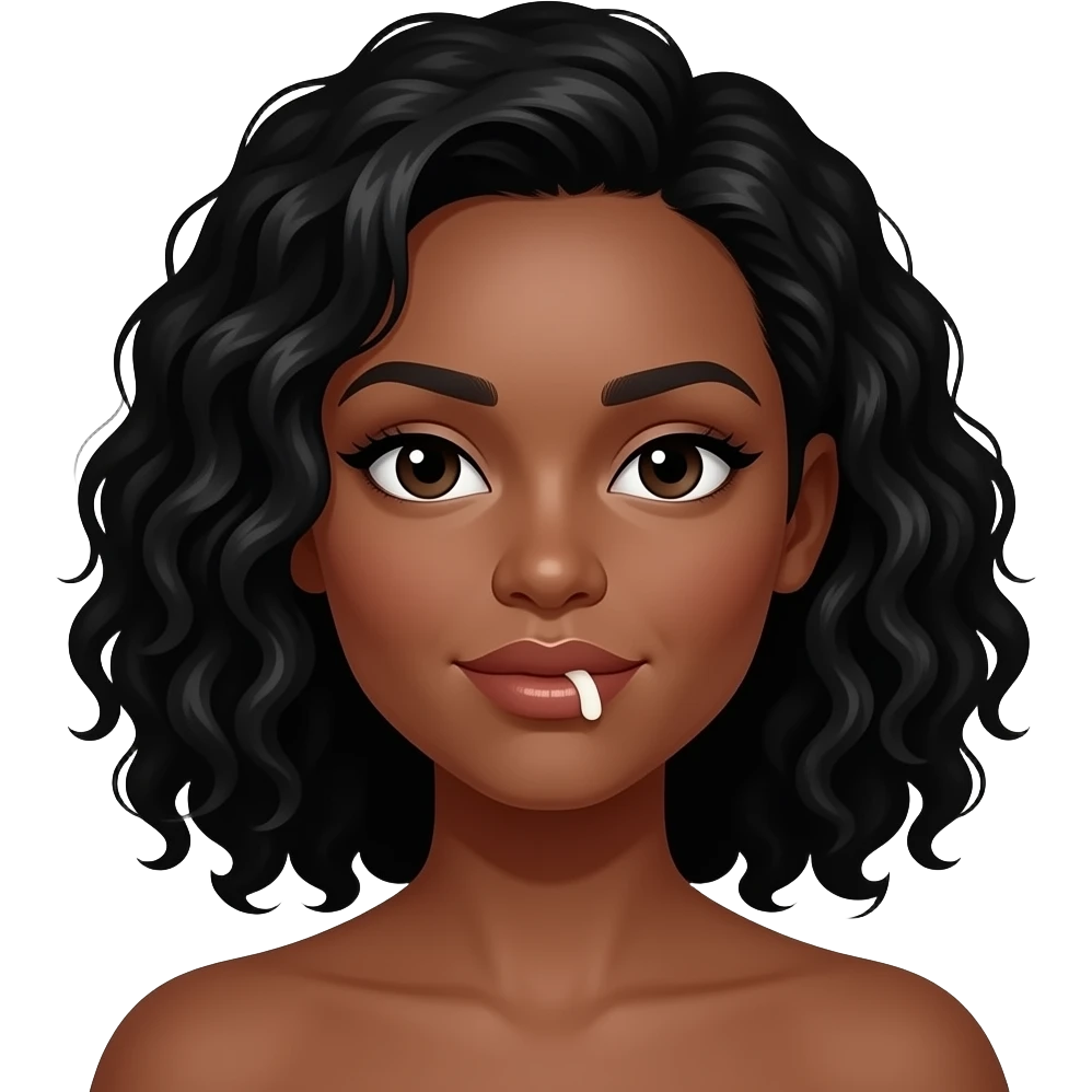 Medium dark skinned woman with black curly shoulder-length hair and wax on her upper lip. emoji