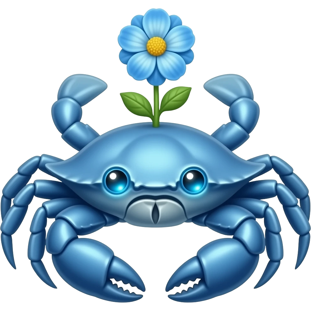 A blue crab with one blue flower a on its growing on its back with glowing blue eyes facing forward emoji