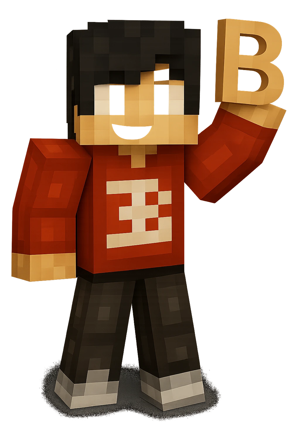 Edit the image to make the character hold the letter B in their hand, keeping the original Minecraft cartoon style and pose. Only add the letter B, do not change anything else. emoji