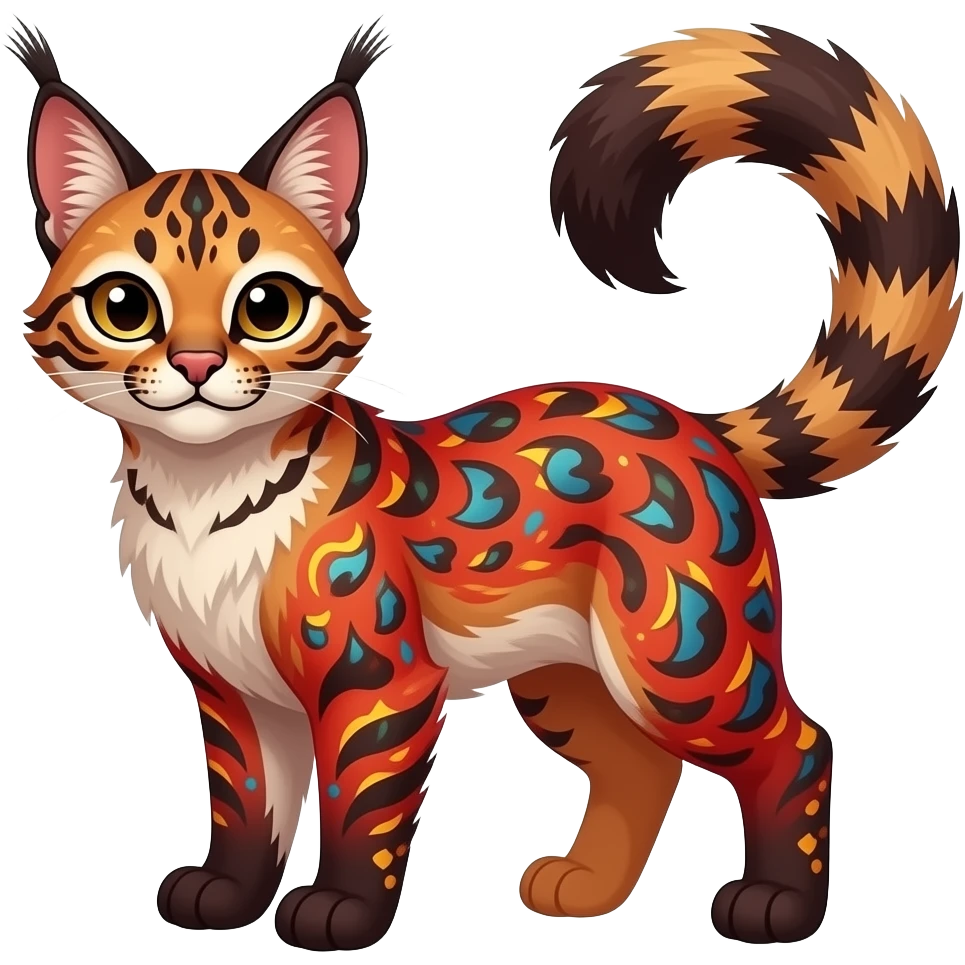 Vibrant-colored red-dark-brownish-furred colorful painted marked patterned Asian glorious divine exotic cute cool beautiful shiny beautiful fantasy-caracal-civet-genet-sergal-vernid-Cacomistle-oncilla-animal-Fakémon-hybrid-fursona (full body) emoji