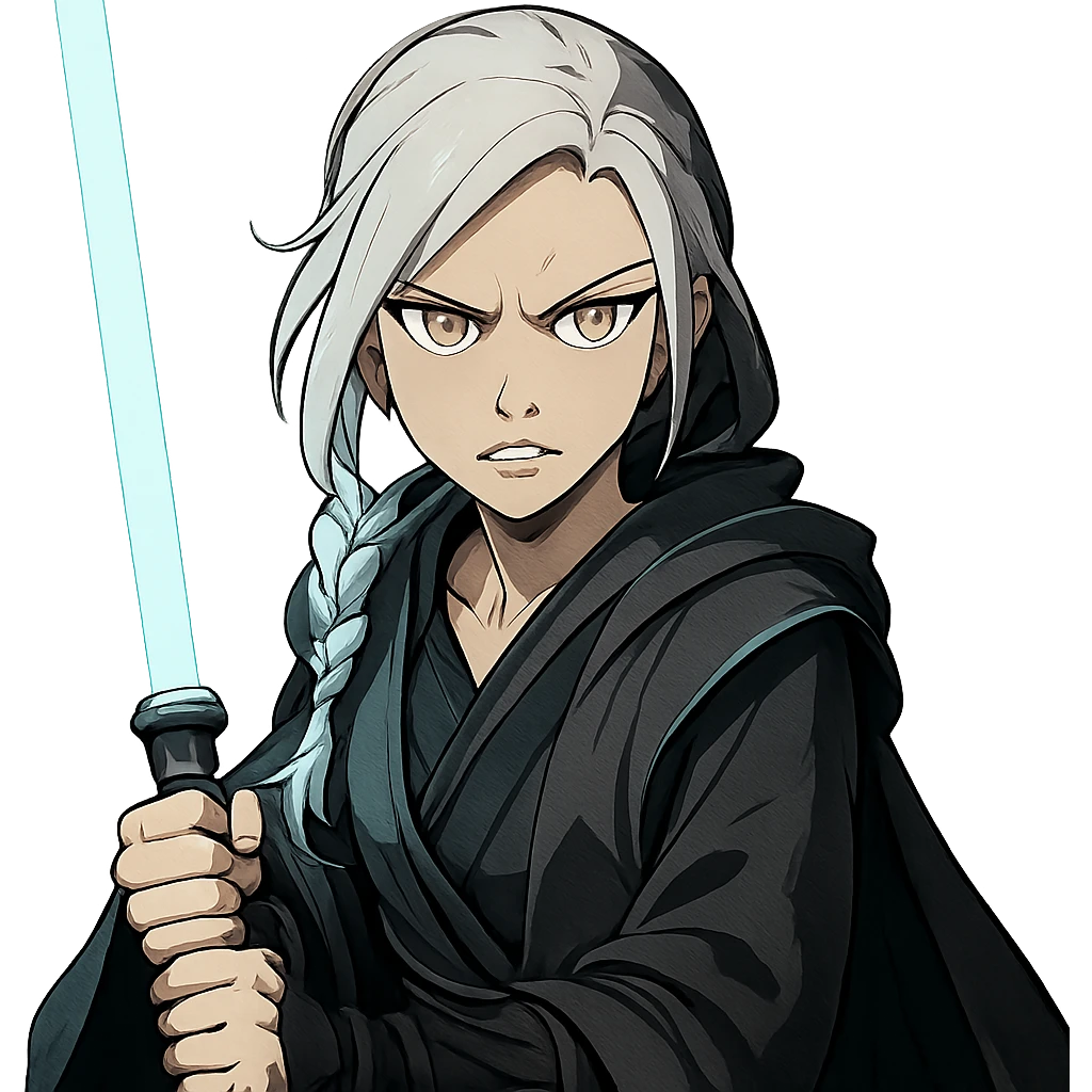  a closeup portrait of young woman with gold yellow eyes, white hair, long braid, black off-shoulder top, punk gothic style, futuristic cyberwave cyberpunk,  jedi attire and posture robes of a padawan, foreweilding a bright blue-green lightsaber, angry fierce face expression, power stance, 30-90 emoji
