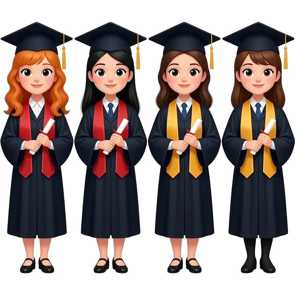 4 girls graduate. One with ginger hair. Two with black and one with brown emoji