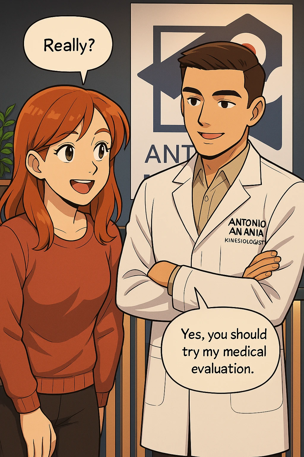 su questo stile fai un manga/webtoon a colori in cui C'è UNA STRISCIA CON FOCUS SUL VOLTO DELLA donna CON ESPRESSIONE DI STUPORE CHE ESCLAMA UNA COSA FELICE, MENTRE NELLA STRISCIA A DESTRA SI VEDE, l'uomo della foto in stile manga LE SPIEGA CHE DEVE PROVARE LA SUA VALUTAZIONE MEDICA, mantieni un ambiente simile alla foto che ho allegato con il suo logo (sarebbe il suo studio, lui è un kinesiologo), scrivigli "ANTONIO ANANIA" sul camice bianco, non mettere fumetti, ma fai in modo che sembri che la donna CHIEDA E  l'uomo RISPONDA emoji