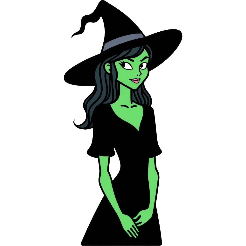 Elphaba, the green-skinned witch with black hat and dress emoji