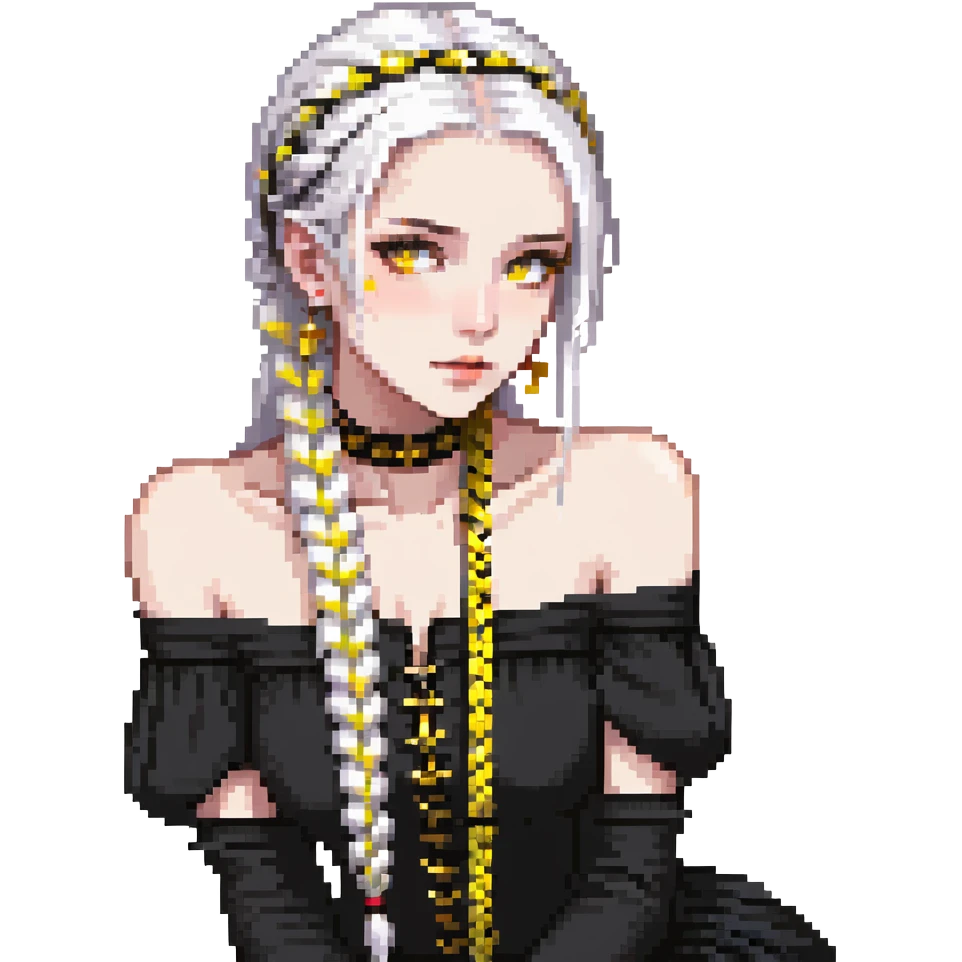 closeup portrait of young woman with gold yellow eyes, white hair in a long braid, black off-shoulder top, punk gothic style, futuristic cyberwave, sitting position emoji