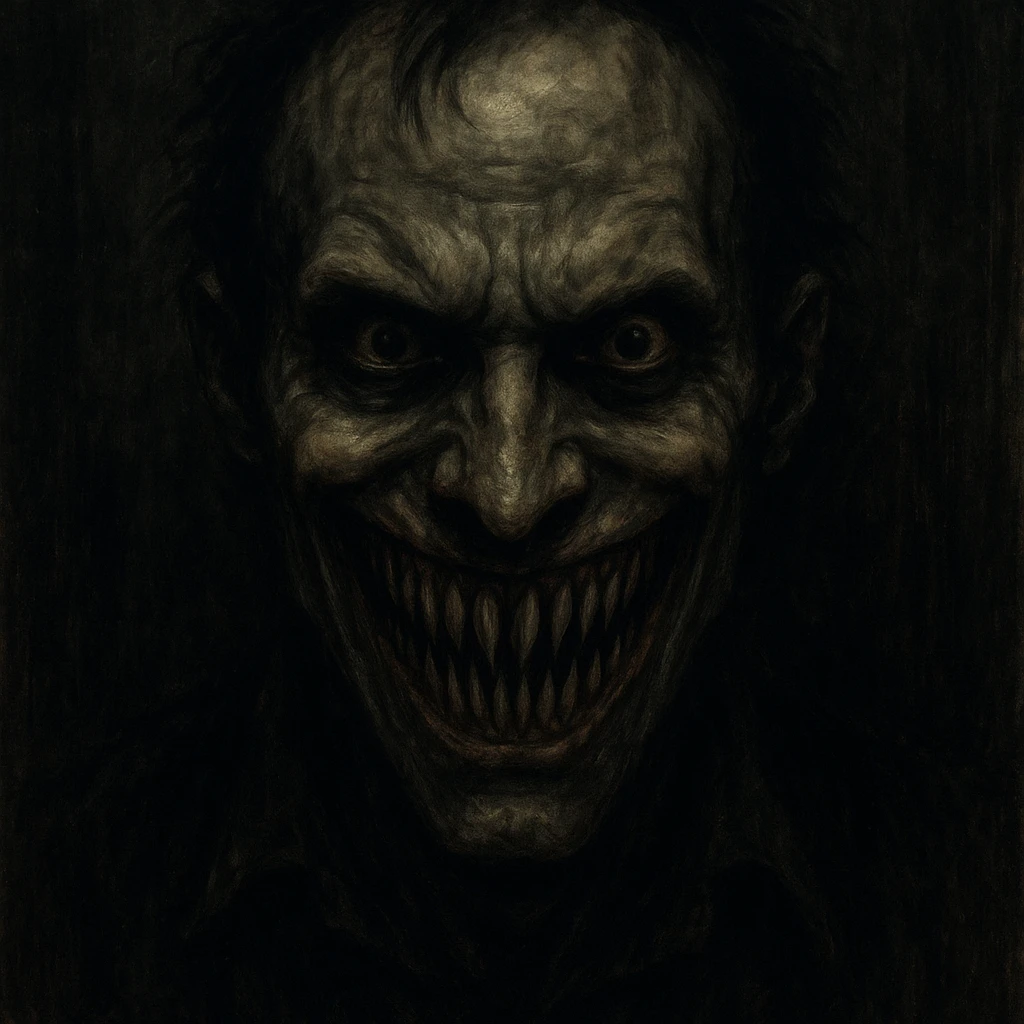 scary man, exaggerated sharp teeth, creepy smile, unsettling vibe emoji