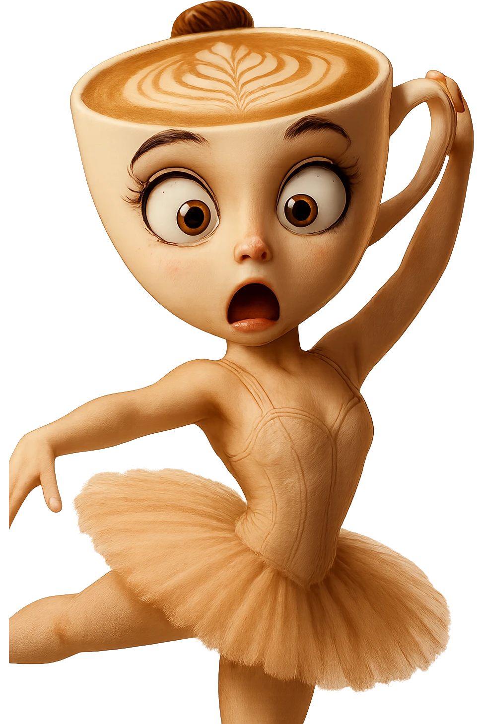 Edit the ballerina cappuccino character to have a surprised expression. Keep the transparent background. emoji