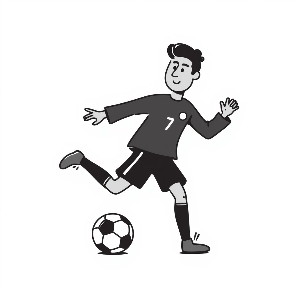 Ronaldo kicking a soccer ball, playful and sketchy hand-drawn doodle style emoji