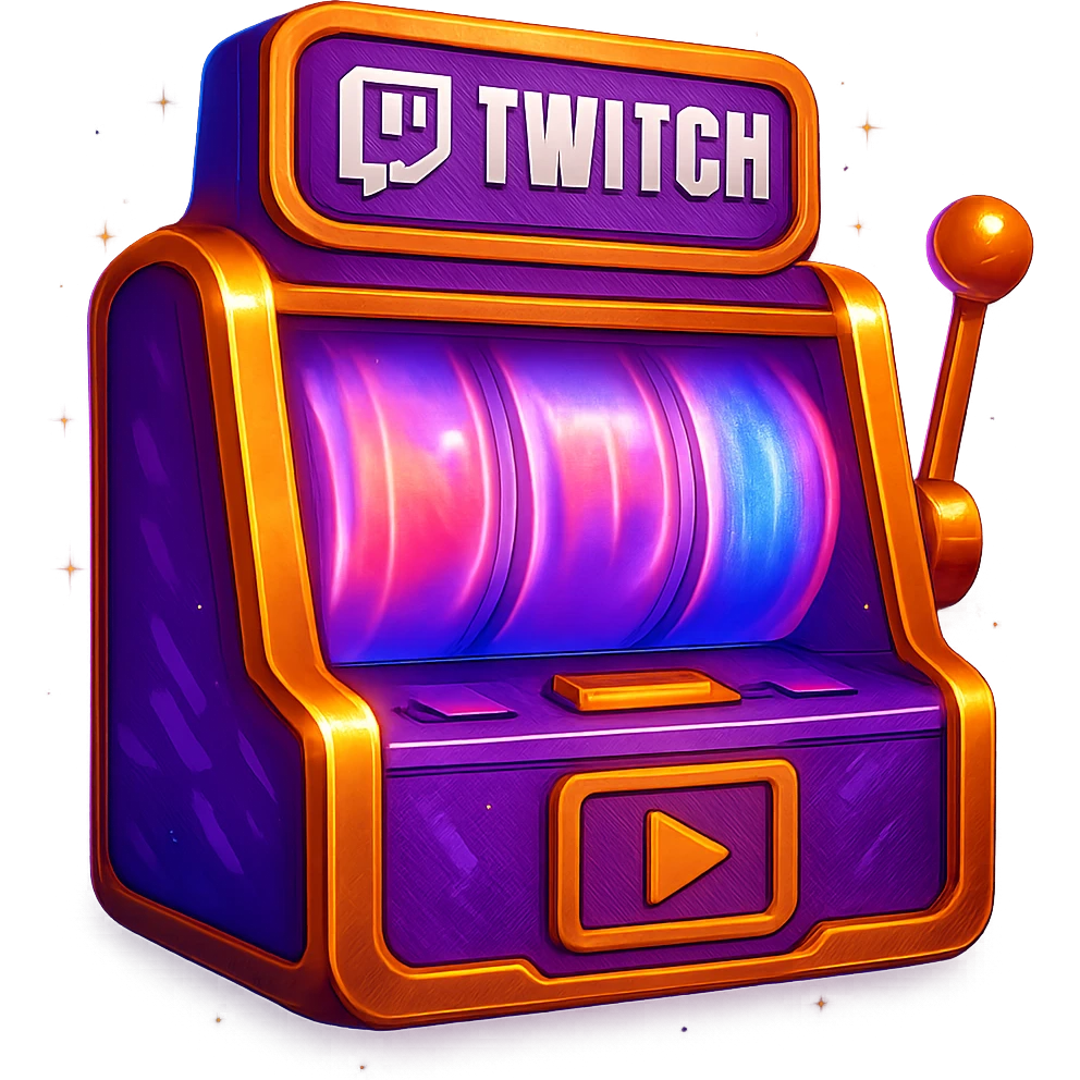 Add an animated effect like spinning reels or flashing lights to the slot machine emoji, keeping the Twitch streaming theme style. Maintain transparent background. emoji