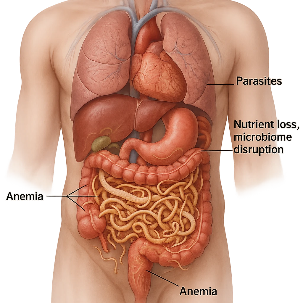 realistic transparent abdomen with massive infestation of all three parasites, severe nutrient loss, microbiome disruption, and anemia, medical illustration emoji