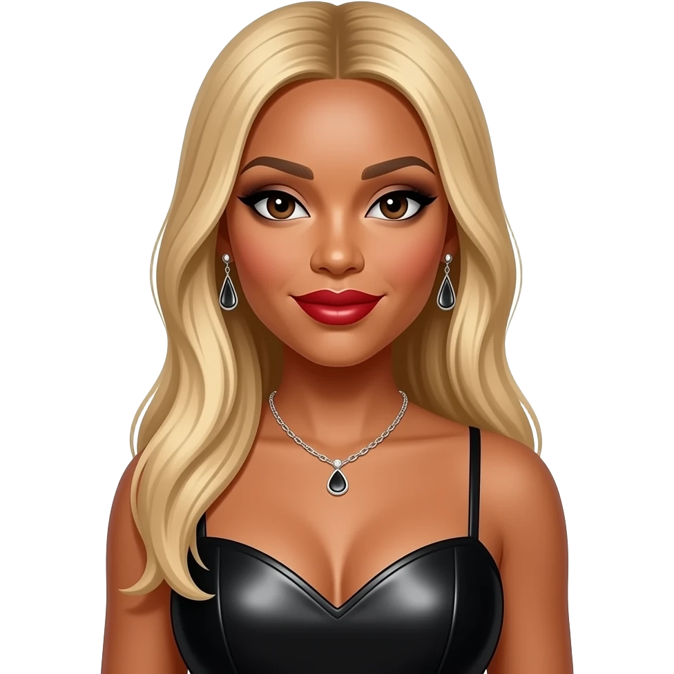 Tamar Braxton from The Braxtons with dark brown eyes, long blonde straight hair, black eyeshadow, red lipstick, black metallic sweetheart dress, necklace and earrings emoji