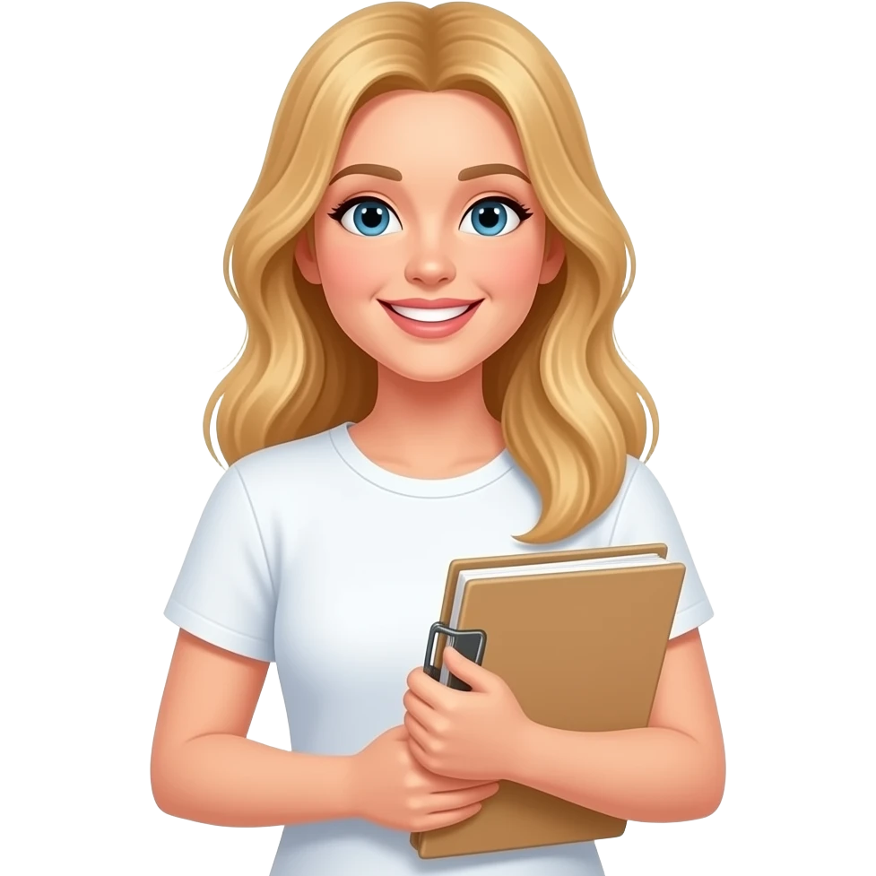 strawberry blonde fair skinned long hair woman in white tshirt smiling holding portfolio emoji