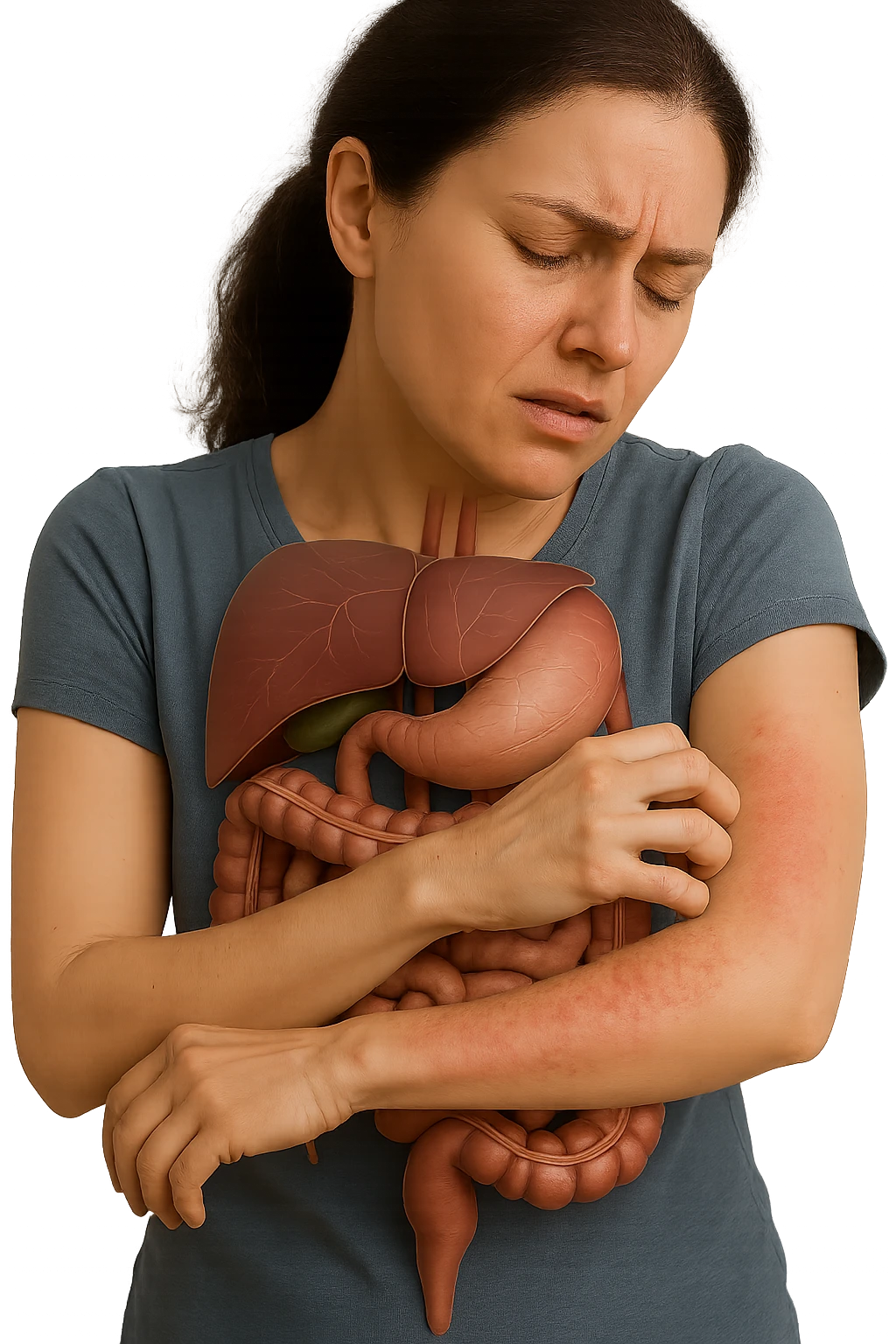 donna con intestino umano anatomico realistico che si gratta il braccio su cui ha un'eritema, iperrealistica 4k emoji