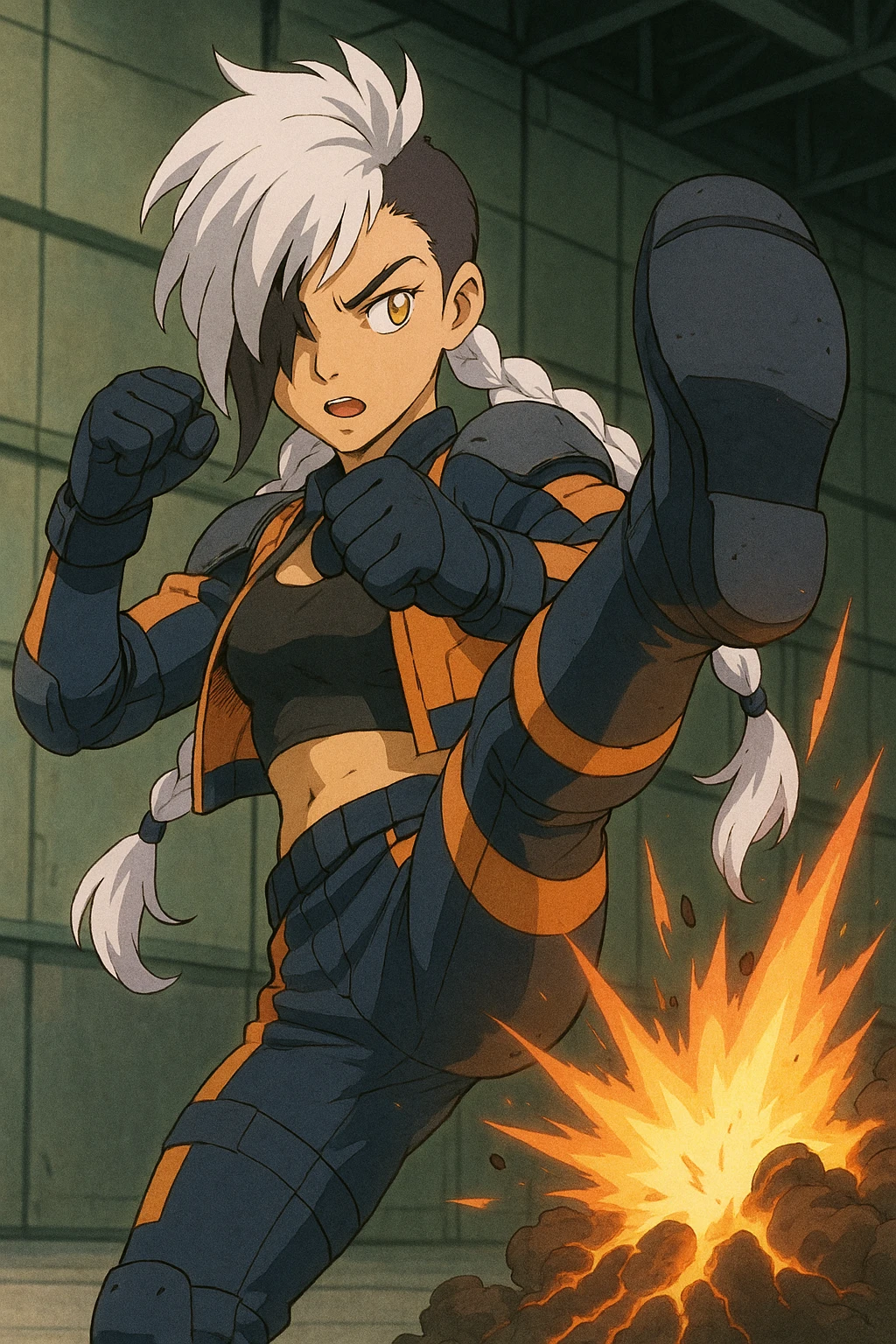 maiden, mohawk, long braid white hair with lavender and tips long messy bangs one side, gold yellow eyes, black crop top, with both fighting gloves up in defensive ready pose, delivering a lightning quick vertical upwards front kick with volcanic force, full defensive padding, TCTF operative, orange and dark dark blue + gray attire emoji