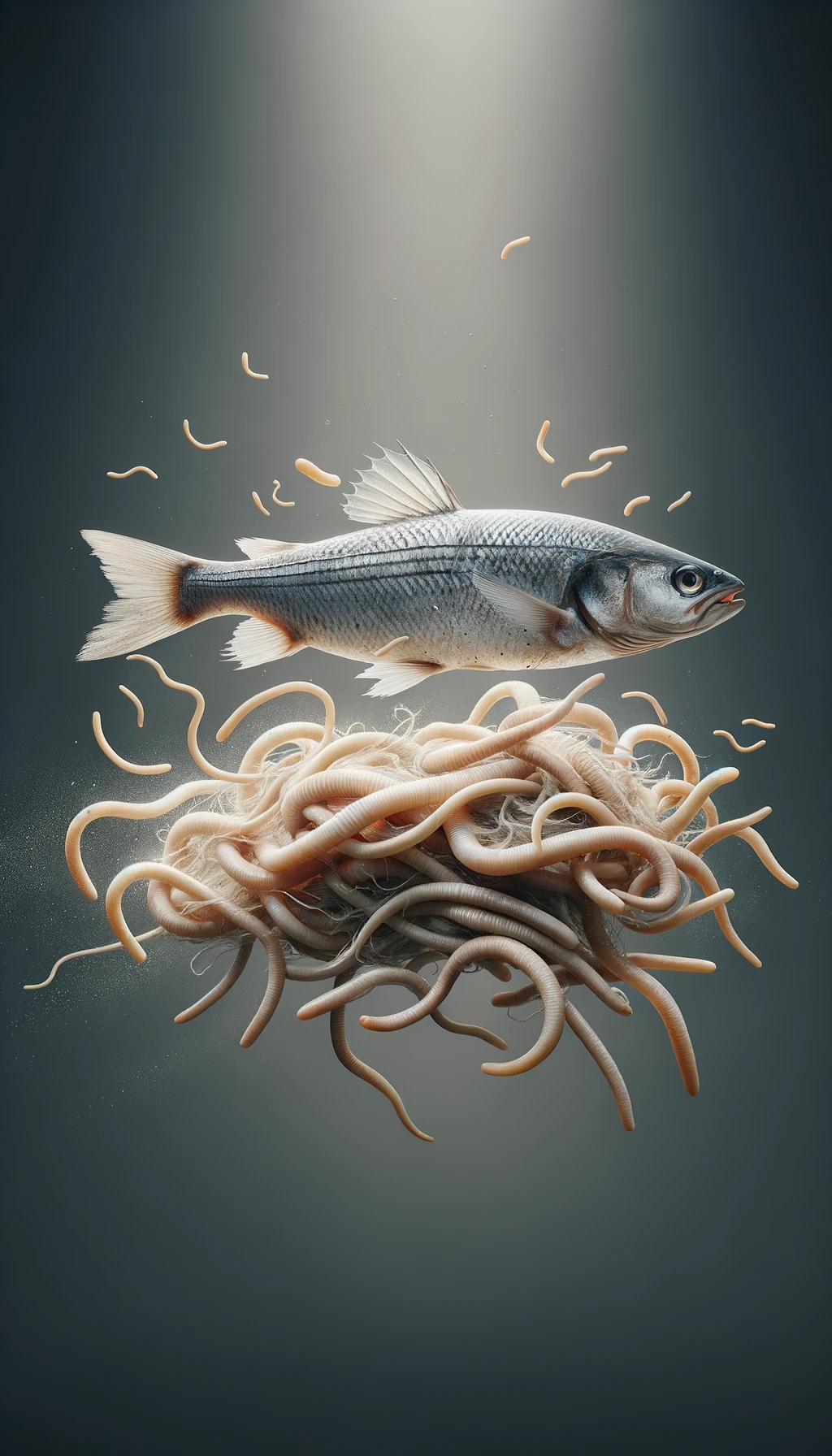 pesce crudo fluttua in aria insieme a dei lunghi vermi beige chiaro, iperrealistico 4k emoji