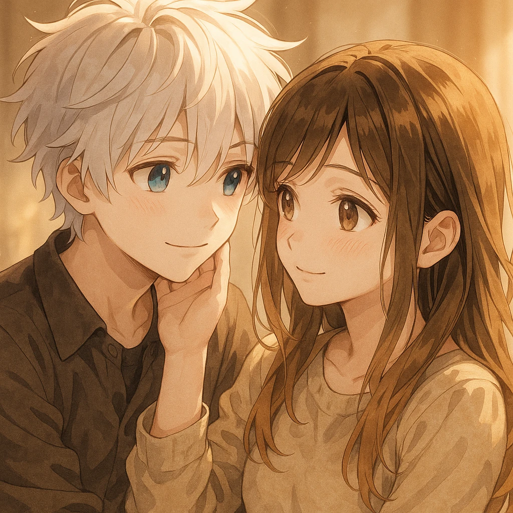 A boy with tousled white hair and striking blue eyes gazing affectionately at a girl with brunette-blonde hair and warm brown eyes, both showing love and tenderness. emoji