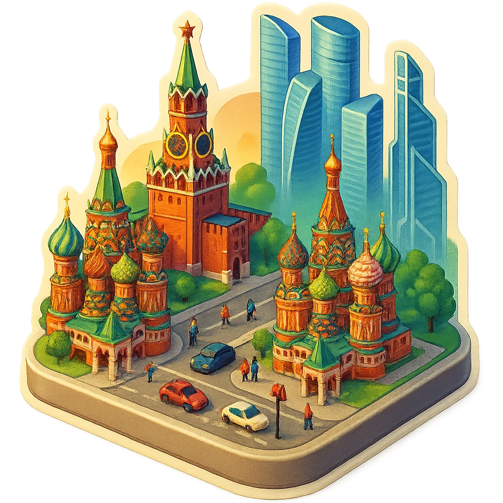 Изометричная миниатюрная 3D модель Москвы на подставке - фотореалистичный Кремль, собор Василия Блаженного, фотореалистичный Башни Москва-Сити, аккуратная детализация, яркие цвета, мультяшный реализм, гуляют люди и современный автотранспорт и метро, компактная композиция, вид сверху в изометрии emoji